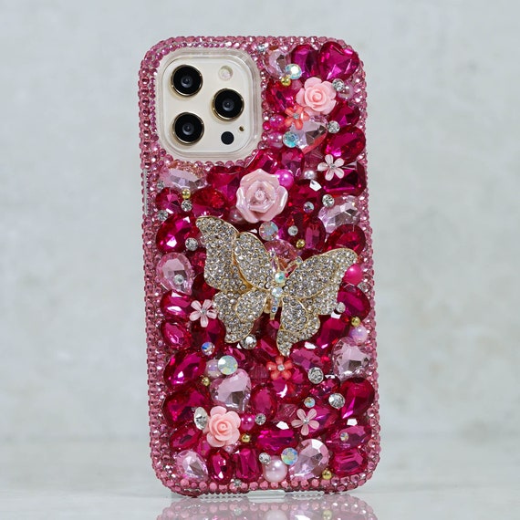 Bling Fuchsia Pink Butterfly Roses Stones Genuine Crystals