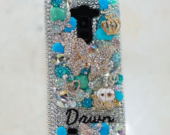 Turquoise Treasures Personalized Name Initials Genuine Crystals Bling Case For iPhone 15 Pro Max 14 13 Plus    Galaxy S23   S22