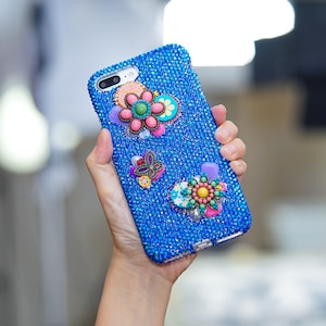 Genuine Crystals Case For iPhone 16 Pro 15 Pro Max Samsung Galaxy S24 Bling Diamond Vintage Flowers Butterfly Blue Stones