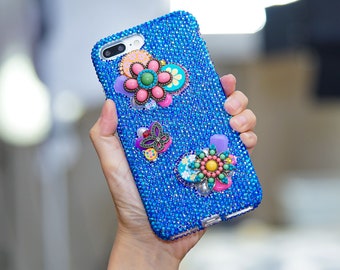 Echte Kristalle Hülle für iPhone 15 Pro 14 Pro Max Samsung Galaxy S23 Bling Diamant Vintage Blumen Schmetterling Blaue Steine