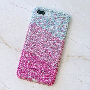 Bling Genuine Crystals AB Faded to Hot Pink Case For iPhone 15 Plus 14 13 Pro  Max 11   Samsung Galaxy S23 S22  Diamond