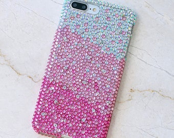 Bling Genuine Crystals AB Faded to Hot Pink Case For iPhone 15 Plus 14 13 Pro  Max 11   Samsung Galaxy S23 S22  Diamond