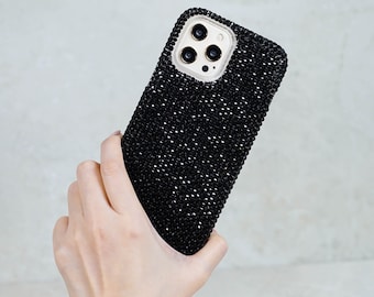 Bling Genuine Jet Black Crystals Case For iPhone 15 Plus 14 13 Pro  Max 12 Samsung Galaxy S21 Plus S22 Easy Grip cover