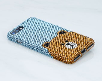 Bling Line Bear hoesje met echte hemelsblauwe en bruine kristallen voor iPhone Duo 18 17 16 Pro Max, Galaxy S26 S25 Z Fold