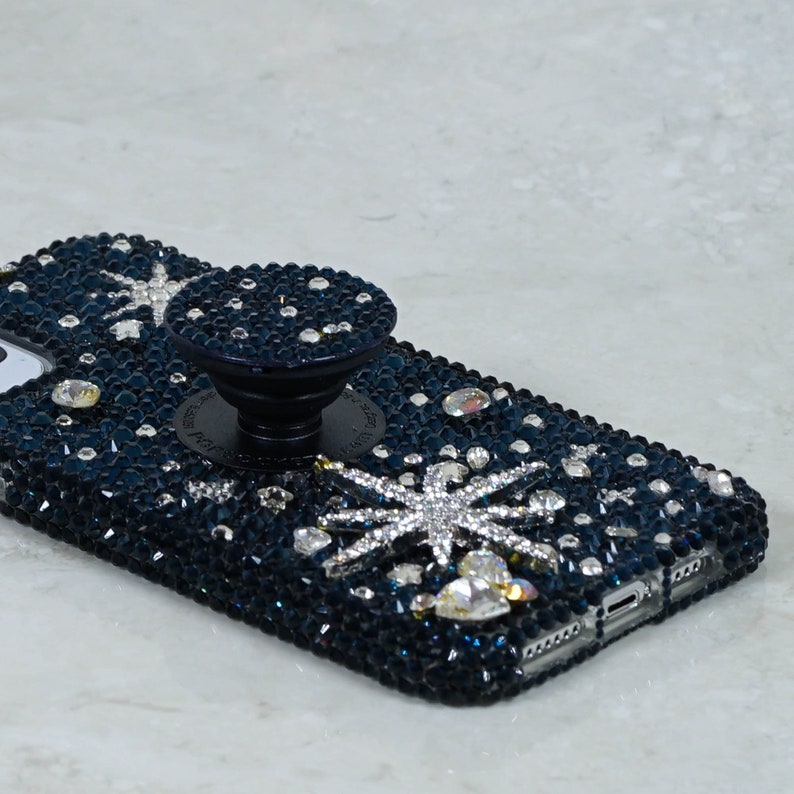 Montana Dark Blue Universe Popsocket Grip Bling Genuine Crystals Case For iPhone 15 Plus 14 Pro Max 13 Pro Samsung S23 Plus Ultra image 3