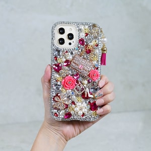 Fashion Purse Roses Flowers Tassel Phone Charm Genuine Crystals Diamond  Case For iPhone 16 Plus 15 Pro  Max    Samsung Galaxy S23