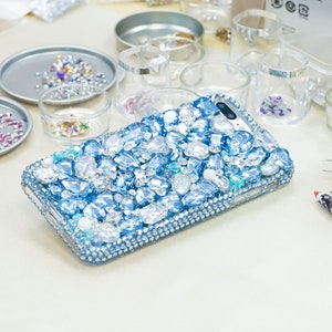 Baby Blue Stones Clear Diamonds Genuine Crystals  Bling tective Case For iPhone 16 Plus 15 Pro Max Samsung Galaxy S23 S24