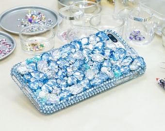 Light Blue Stones Clear Diamonds Genuine Crystals Bling Case For iPhone 17 16 Plus 15 Pro Max Galaxy S25 S24 Z Fold Flip