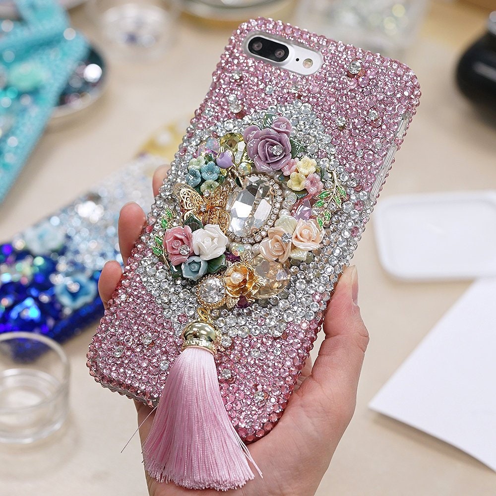 Bling Pink Butterfly Rose Garden Tassel Genuine Crystals Diamond  Case For iPhone 16 Plus 15 Pro Max Samsung Galaxy S24 S23