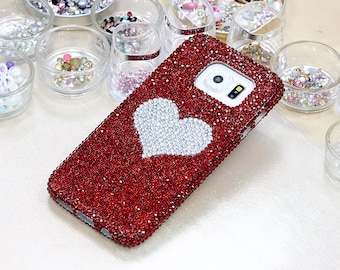 Bling Heart Genuine Red Crystals Case For iPhone 15 Plus 14 13  XS Max 11   Galaxy S23 S22 plus  Sparkle Easy Grip Protective cover