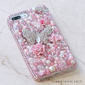 Baby Pink Butterfly White Pearls Genuine Crystals Diamond  Bling Case For iPhone 16 Plus 15 Pro Max Galaxy S23 S24 Plus