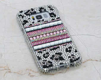 Bling Black and White Leopard Genuine Crystals Case For iPhone 15 Plus 14 13 Pro  Max 11   Samsung Galaxy S23  S22   Stones