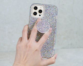 Popsocket Grip Bling Genuine Aurora Borealis Crystals Case For iPhone 15 Plus 14 Pro Max 13 Pro Samsung   Plus S23 Ultra wedding gift idea