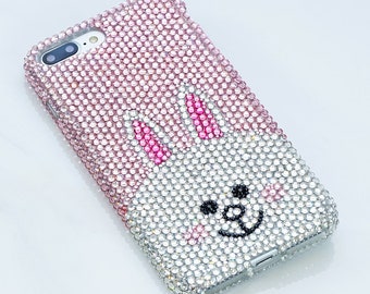 Bling Happy Line Rabbit Genuine Baby Pink Clear Crystals Case For iPhone 15 Plus 14 13  XS Max 11   Samsung Galaxy S23  Diamond Sparkle