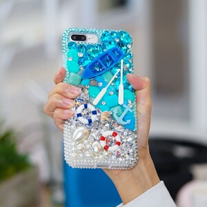 Genuine Crystals Case For iPhone 16 Plus 15 Pro Max Samsung Galaxy S24 Plus S23  Bling Diamond  Paddle Away Boat Anchor