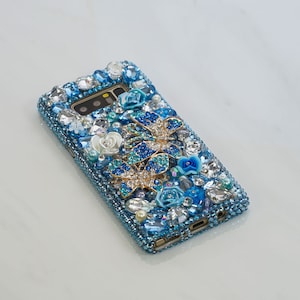 Aqua Blue Double Butterfly Flowers Genuine Crystals Diamond  Bling Case For iPhone 16 Plus 15 Pro MaxSamsung Galaxy S23 S24