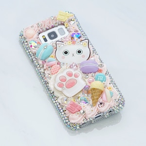 Bling Sweets Kitty Paws Candy Ice Cream Genuine Crystals Diamond  Case For iPhone 17 16 Plus 15 Pro Max Samsung Galaxy S25 S24 Plus