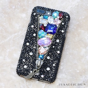 Zipper Design Rainbow Stones Genuine Crystals Diamond Bling Case For iPhone 17 16 Plus 15 Pro Max Samsung Galaxy S25 S24 Ultra