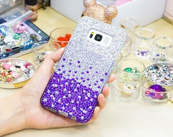 Bling Genuine Crystals AB Faded to Lavender Dark Purple Case For iPhone 15 Plus 14 13 Pro  Max 11   Samsung Galaxy S23  S22e