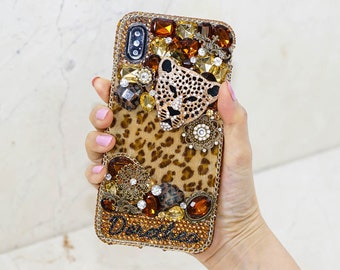 Vintage Leopard Cheetah Personalized Name Initials Copper Crystals Case  For iPhone 15 Pro Max 14 13 Plus XS Max 11   Samsung Galaxy  S22