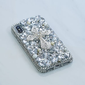 Diamond Silver Cross White Pearls Gem Stones Genuine Crystals  Bling Case For iPhone 16 Plus 15 Pro  Max   Galaxy S24 Plus S23