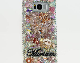 Butterfly Princess Personalized Name Initials Genuine Crystals Bling Case For iPhone 15 Pro Max 14 13 Plus    Galaxy S23