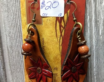 Leather earrings rusty flower hand tooled custom jewelery