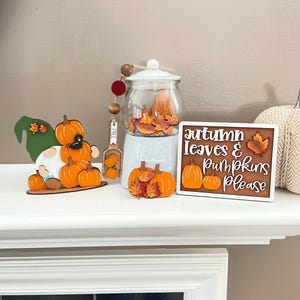 Fall theme, mini gumball filler inserts, scoop, mini sign, tiered tray decor, pumpkins, leaves, farmhouse decor, home decor gnome, farmer
