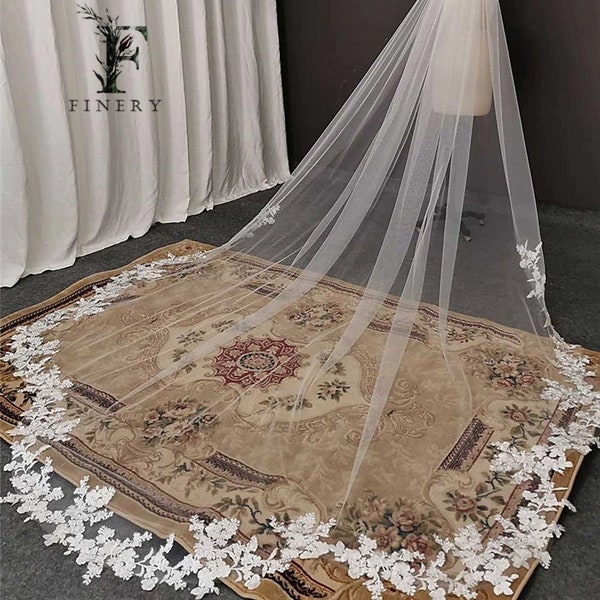 Scalloped, Lace Border Cathedral Wedding Veil, Floral Lace Wedding Veil, Single Layer Veil, Bridal Veil, Extra Wide Wedding Veil