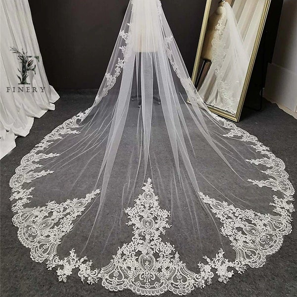 White, Ivory Cathedral Wedding Veil, Lace Wedding Veil, Royal Veil, Lace Applique Veil, Lace Edge Veil, Lace Border, Regal