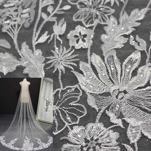 Sequin Lace Cathedral Wedding Veil: Embroidered Floral, Single Tier