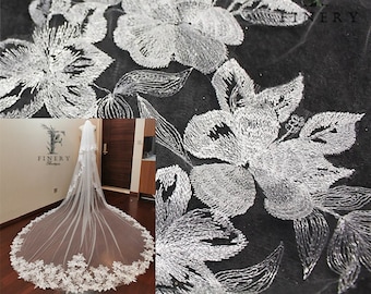 Floral Embroidered Cathedral Wedding Veil: Lace Blusher, Light Ivory