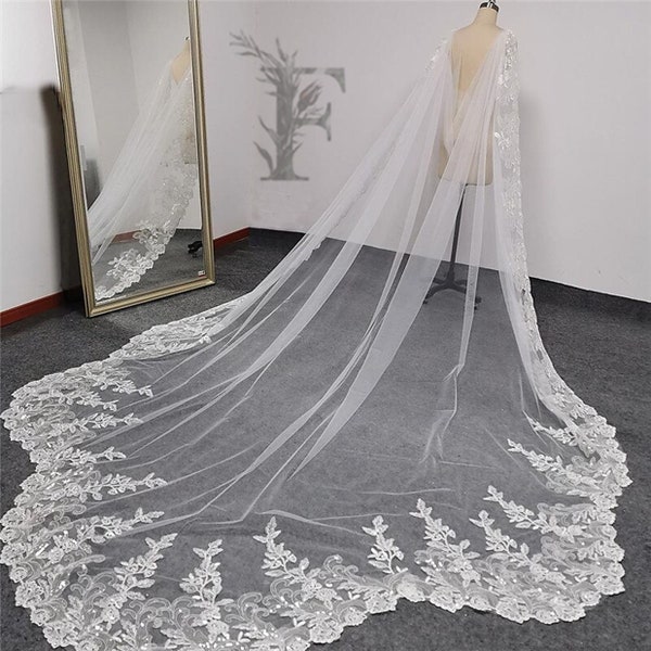 Scalloped Cape, Clear Sequin Beading Embroidered Lace Cathedral Wedding Cape Veil, Bridal Cape, Royal Cape Veil, Wide Cape Veil, Bling Cape