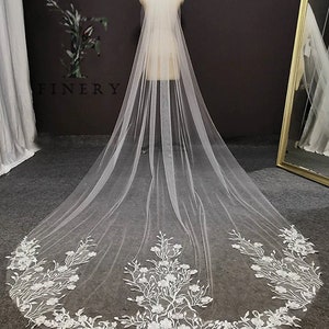 Floral Embroidered Lace Cathedral Wedding Veil - &quot;Catya&quot;