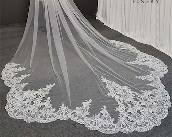 Embroidered Lace Cathedral Wedding Veil, Baroque Scalloped Bridal Veil