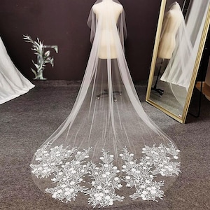 Floral Vine Lace Cathedral Wedding Veil, Single Tier, Chapel, Cathedral, Wedding Veil, Floral Wedding Veil, Embroidered Lace Wedding Veil