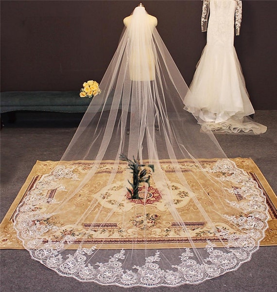 Ivory Two Layer Wedding Veil with Sequins and Gold Trim Gold Lace Cathedral Wedding Veil, Sequins & Beads, Ivory  main image 2