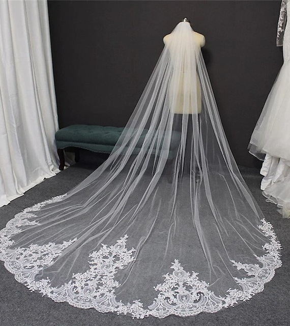 White Ivory Cathedral Wedding Veil, Modern Lace Wedding  display picture 3