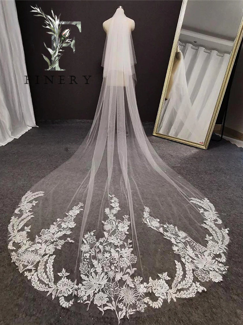 1T Tulle with Lace Wedding Bridal Veil Cathedral Length – BestWeddingVeil