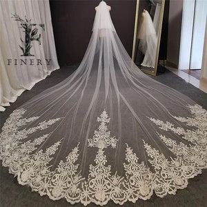 White Ivory Cathedral Wedding Veil, Modern Lace Wedding Bridal Veil, Baroque Wedding Veil, Royal Veil, Two Tier Veil, Wide Veil, Blusher