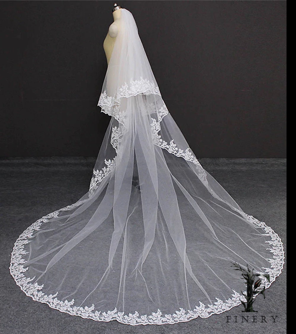 Lace Cathedral Long Wedding Bridal Veil With Metal Comb