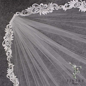 Cathedral, Chapel,Embroidered Lace Fingertip Wedding Veil,  Lace Edge Wedding Veil, One Layer  Veil, embroidered bridal veil with comb