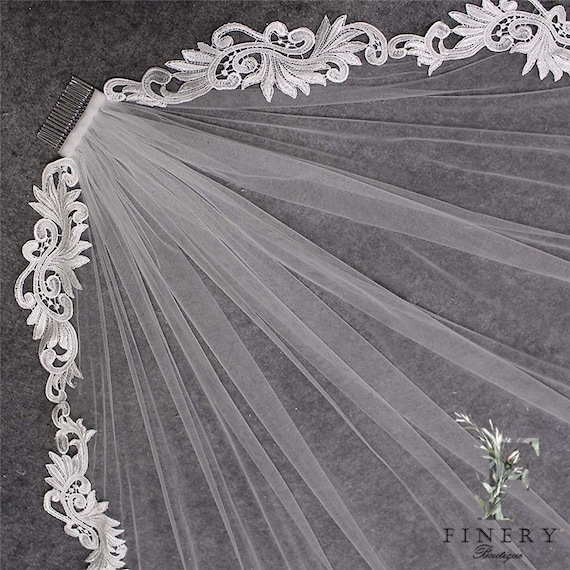 FAST SHIP Cathedral, Embroidered Lace Fingertip Wedding Veil