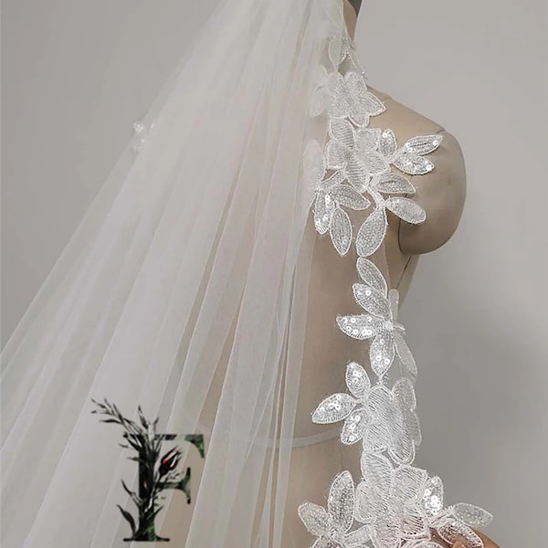 Sparkling Sequin Lace White Ivory Cathedral Wedding Veil, Bridal Veil, Floral Applique Wedding Veil, Single Tier Veil, Statement