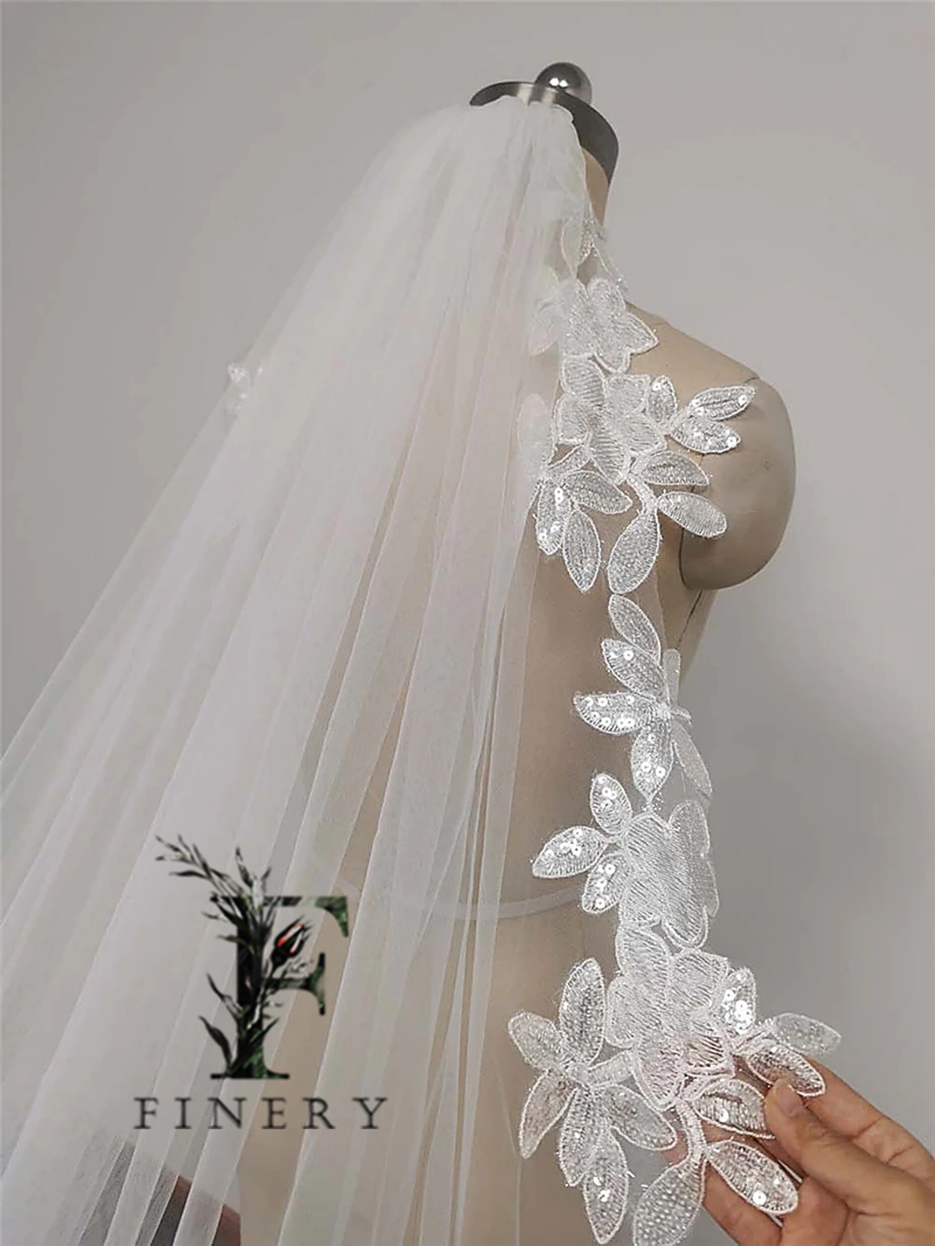 Sparkling Sequin Cathedral Wedding Veil: Floral Applique  display picture 2