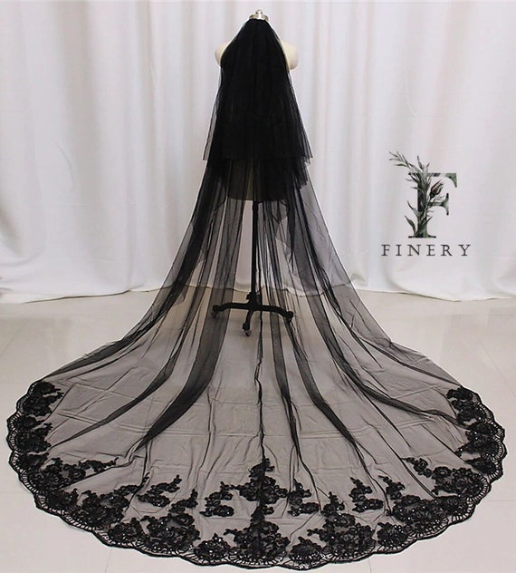 New Beautiful black 2T veil embroidered Black Floral Bridal Drop Veil - Burgundy & Red Roses - Etsy main image 4