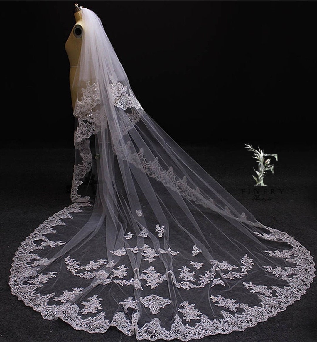 Thin Lace rhinestone  border Veil Thin Lace Rhinestone Border Mid Veil | David main image 2