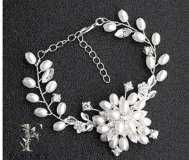 Pearl Wedding Bracelet Rhinestone Bridal Bracelet Floral Bracelet Pearl Wedding Jewelry,Bride Jewelry Crystal Pearl Bracelet