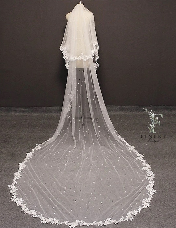 Elegant White Lace Bridal Veil with Pearls Elegant White Veil With Roses and Pearls for Bridal Shoot  main image 2