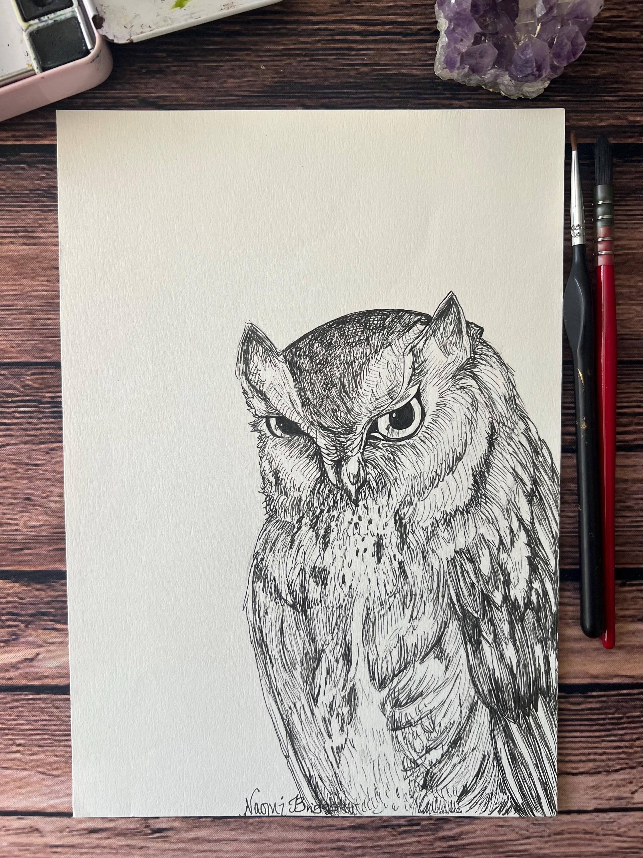 The Watcher– Glossy Prints | Owl Ink Illustration | Black and White Wildlife Art | Hand-Drawn 